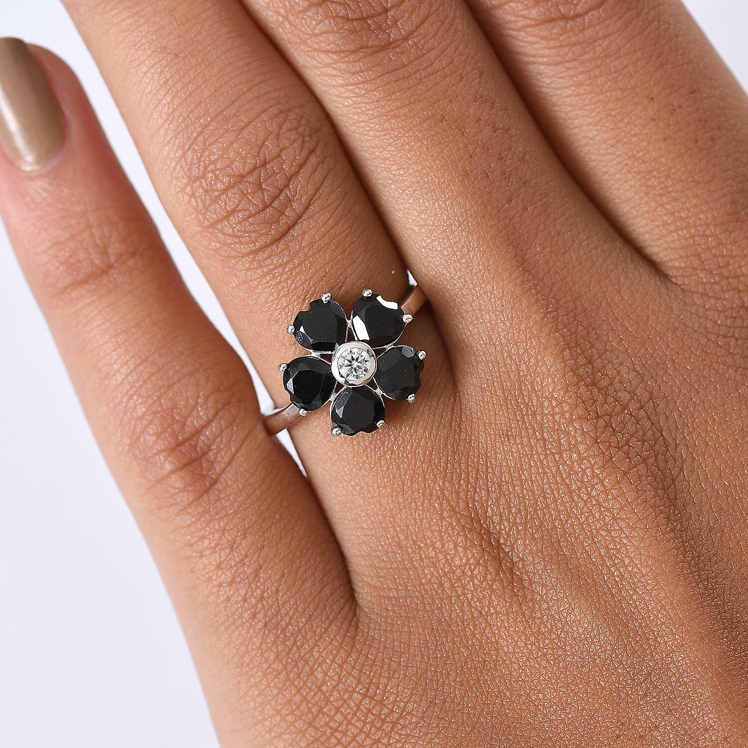 D'Joy Thai Black Spinel and White Zircon 3.15 ctw Floral Ring in Platinum Over Sterling Silver (Size 7.5)