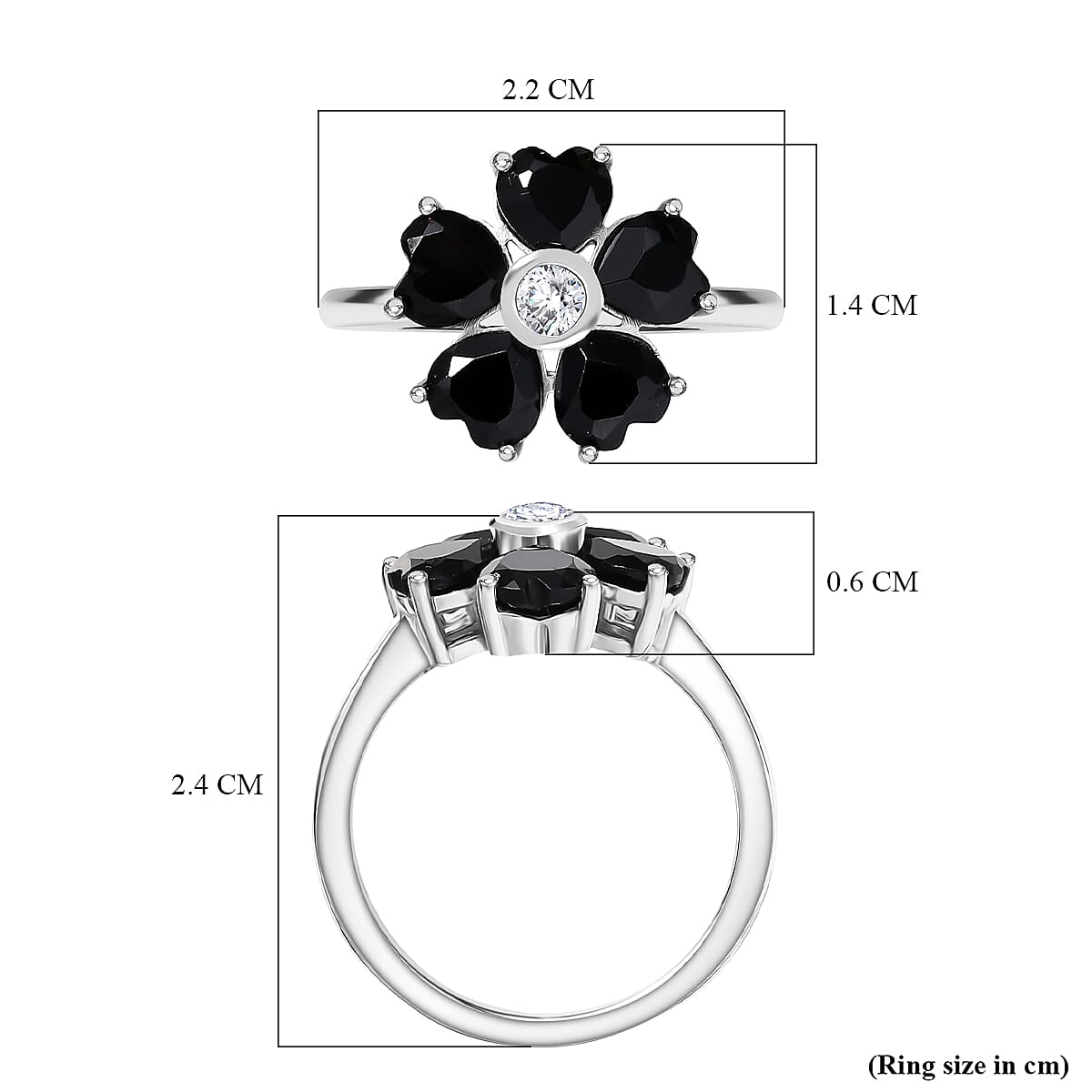 D'Joy Thai Black Spinel and White Zircon 3.15 ctw Floral Ring in Platinum Over Sterling Silver (Size 7.5)
