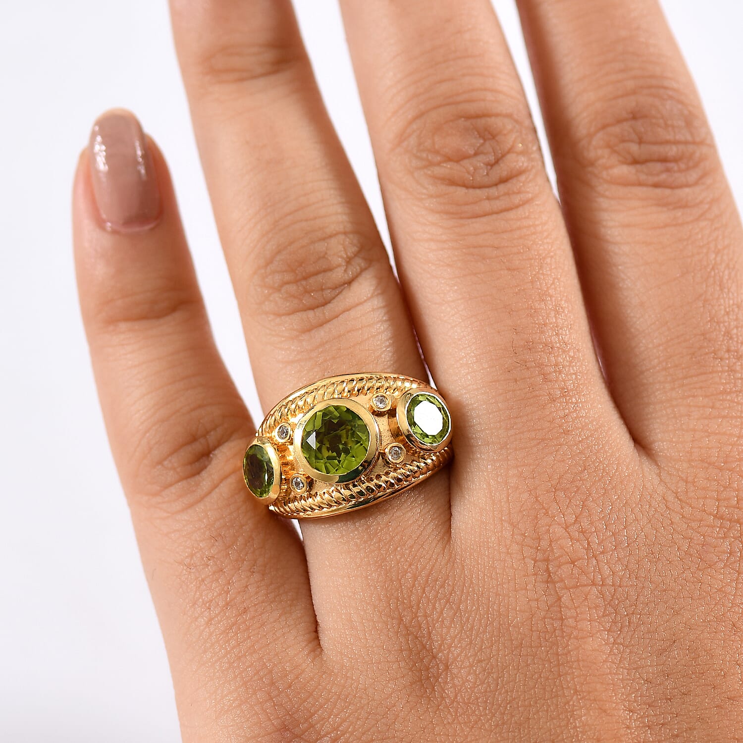 D'Joy Premium Hebei Peridot and White Zircon 4.00 ctw Ring in 18K YG Plated Sterling Silver (Size 8.0)