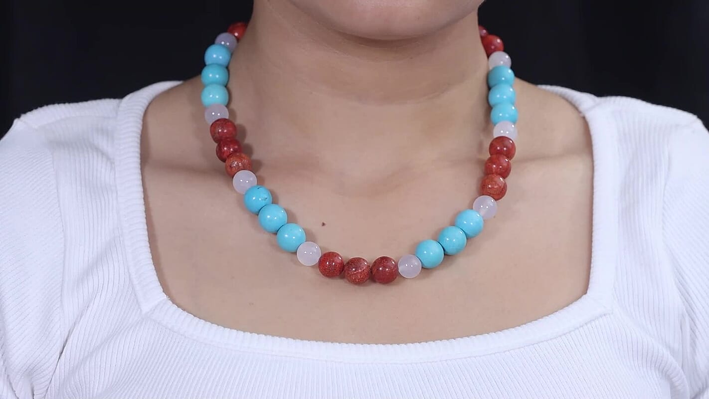 EverTrue Sponge Coral, Magnesite and Milky White Quartz 190.00 ctw Beaded Necklace in Stainless Steel 18-20 Inches