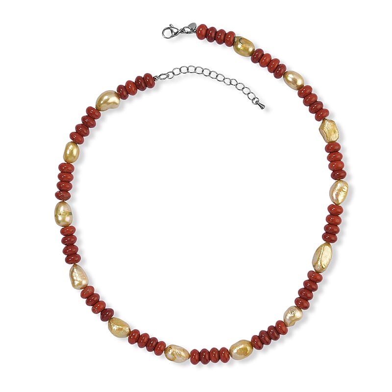 EverTrue Red Jasper and Yellow Pearl (D) 155.00 ctw Necklace in Stainless Steel 18-20 Inches