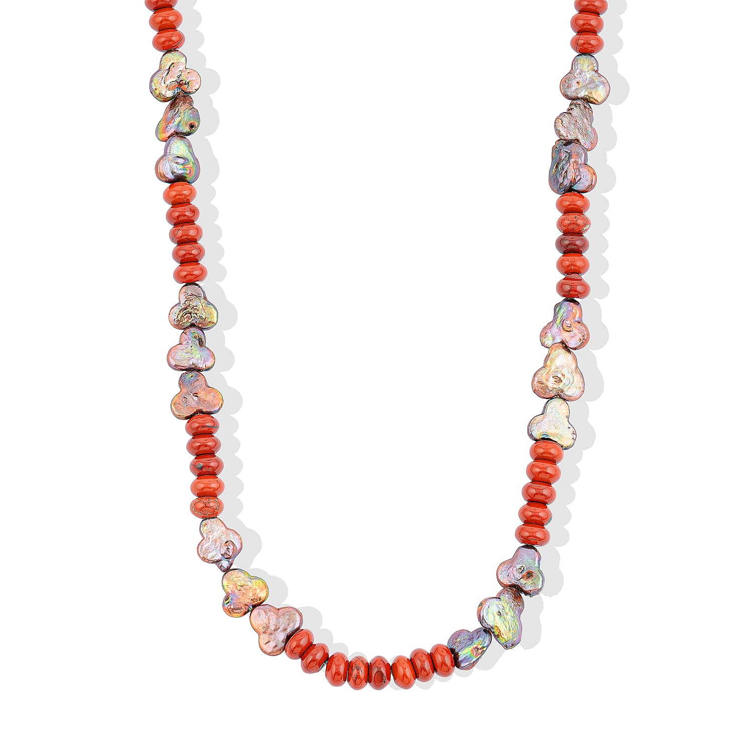 EverTrue Peacock Pearl (D) and Red Jasper 110.00 ctw Necklace in Stainless Steel 18-20 Inches