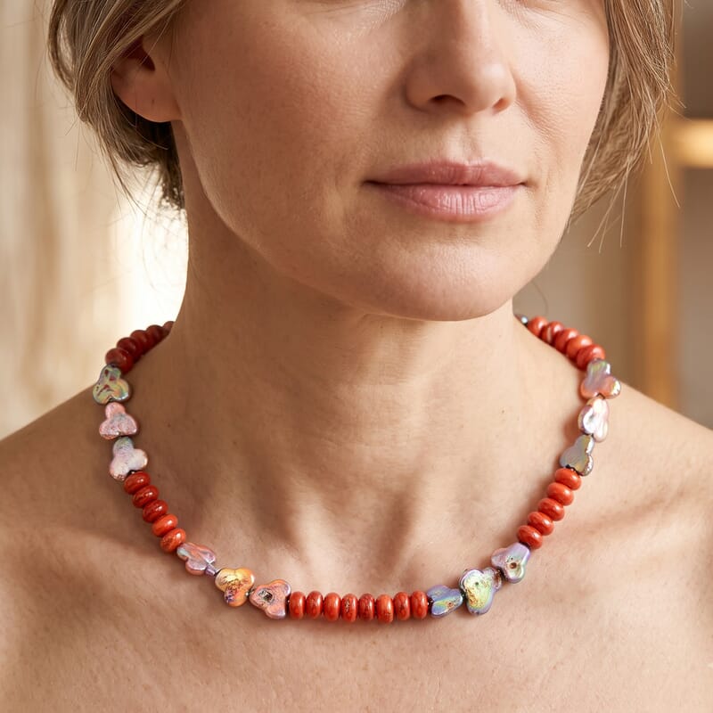 EverTrue Peacock Pearl (D) and Red Jasper 110.00 ctw Necklace in Stainless Steel 18-20 Inches