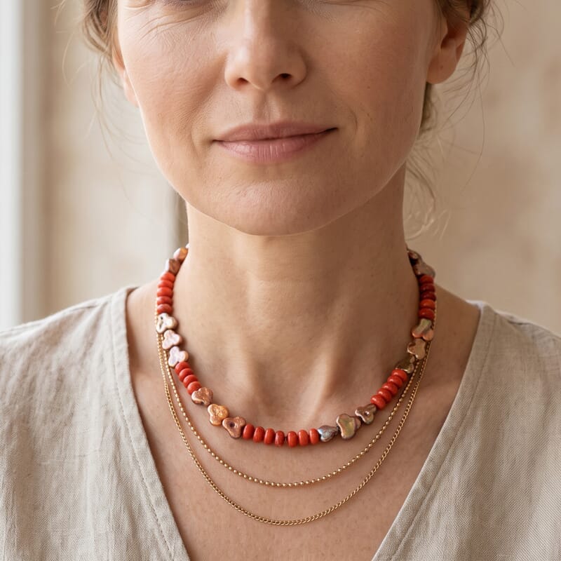 EverTrue Peacock Pearl (D) and Red Jasper 110.00 ctw Necklace in Stainless Steel 18-20 Inches