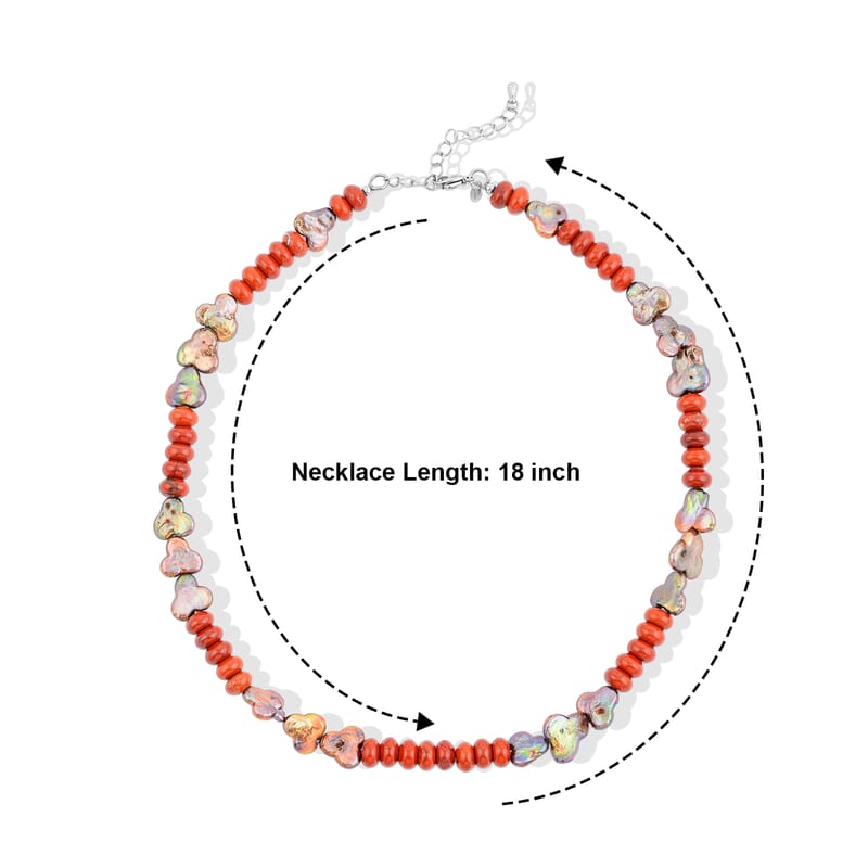 EverTrue Peacock Pearl (D) and Red Jasper 110.00 ctw Necklace in Stainless Steel 18-20 Inches