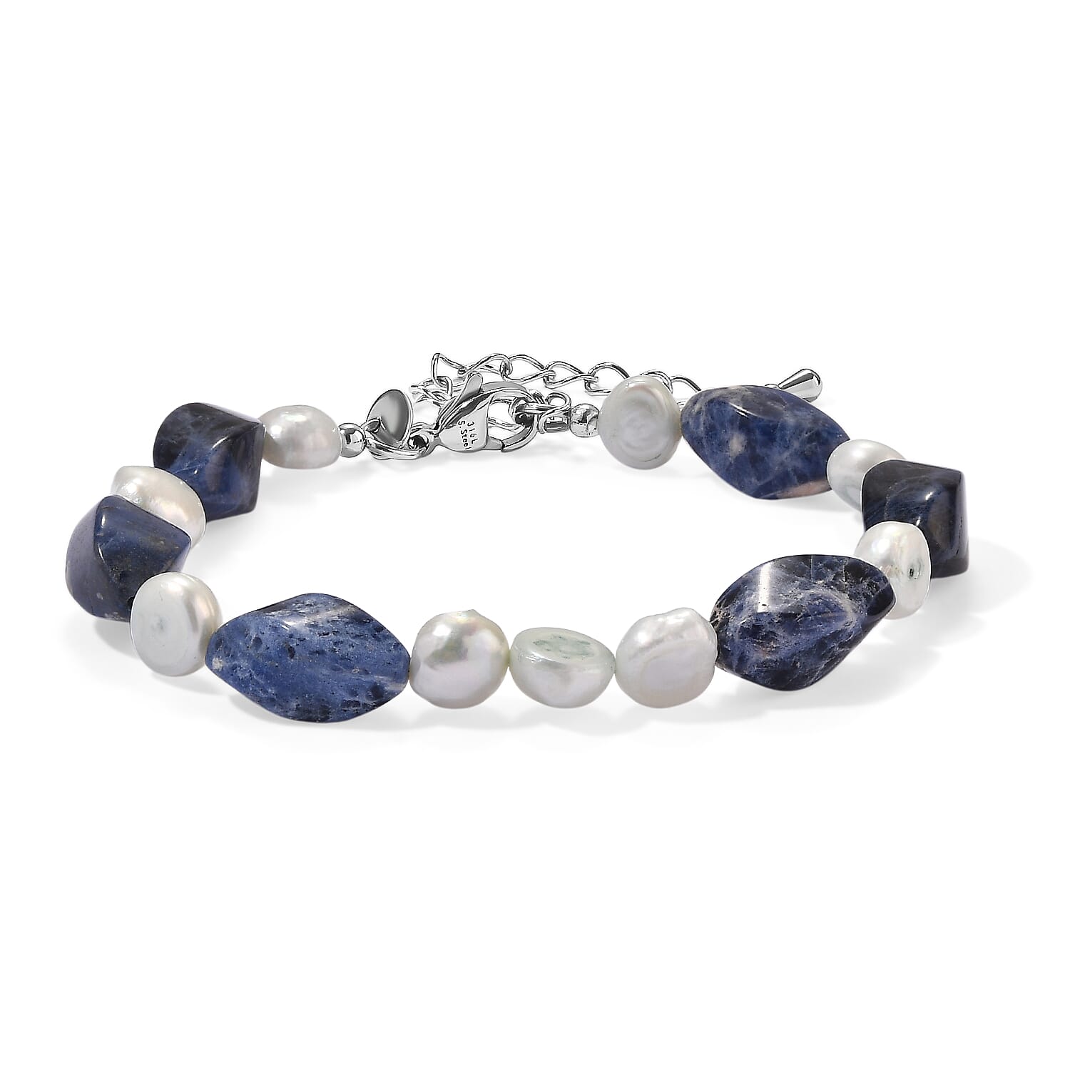 EverTrue Sodalite and Blue Pearl (D) 135.00 ctw Bracelet in Stainless Steel (7.25-9.25In)