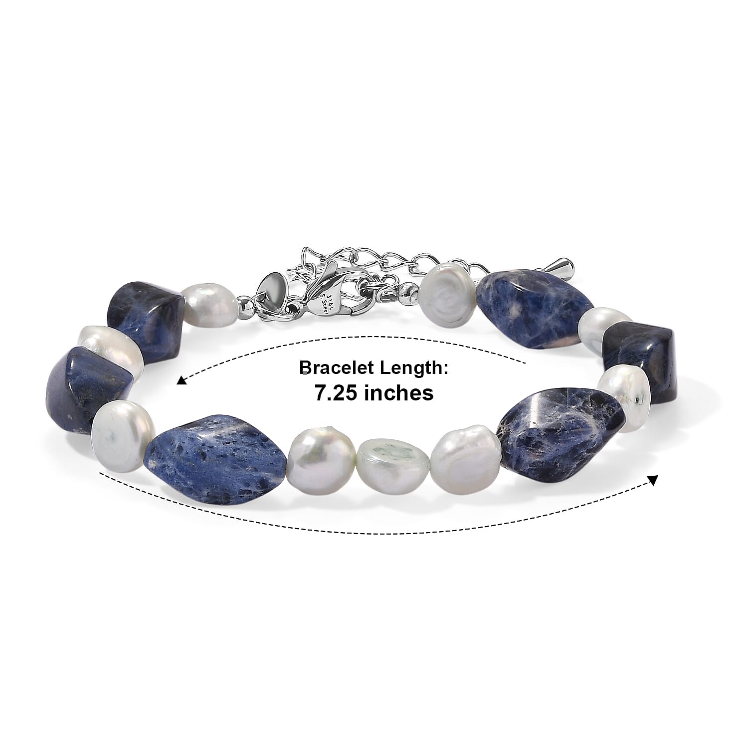 EverTrue Sodalite and Blue Pearl (D) 135.00 ctw Bracelet in Stainless Steel (7.25-9.25In)