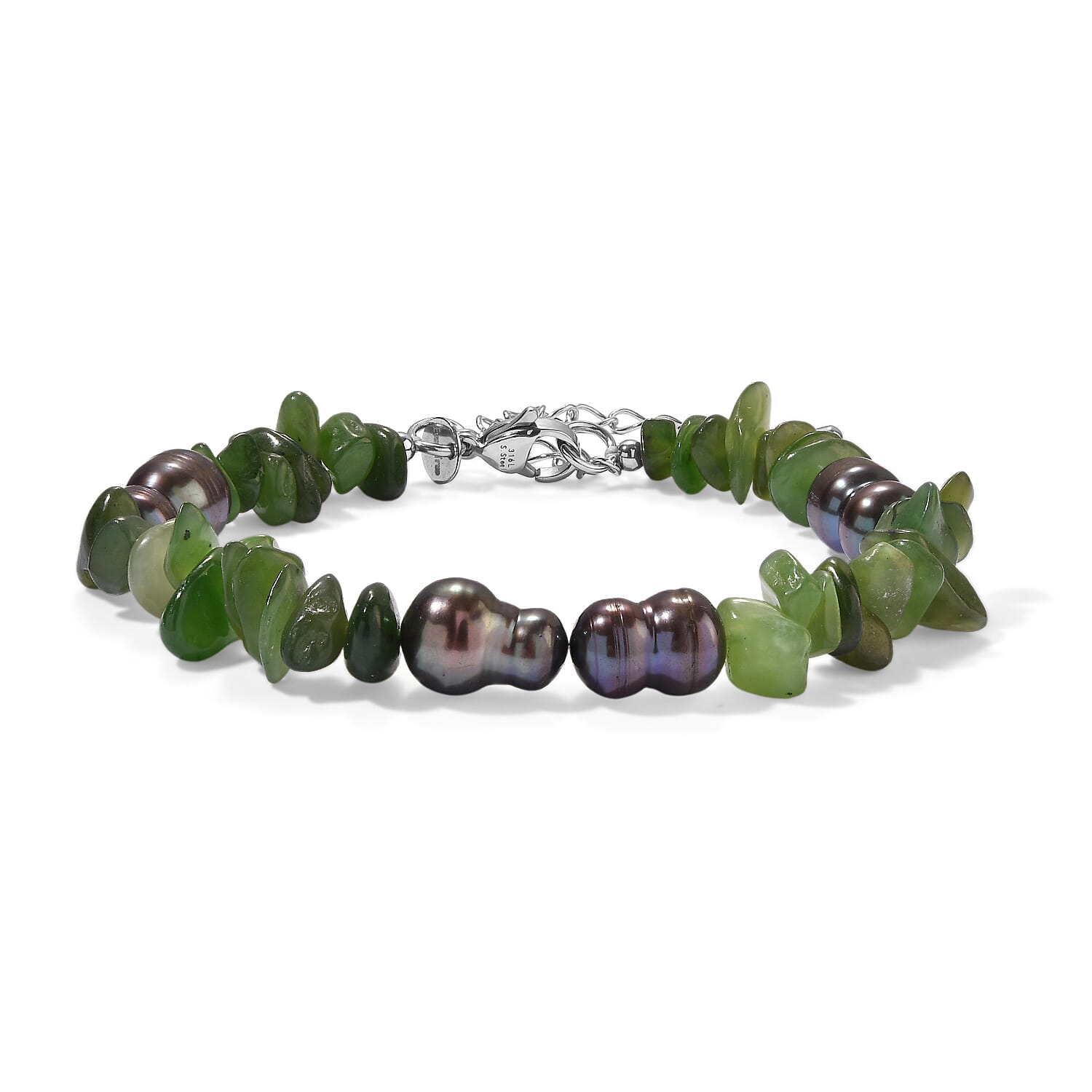 EverTrue Peacock Pearl (D) and Nephrite 50.00 ctw Bracelet in Stainless Steel (7.25-9.25In)