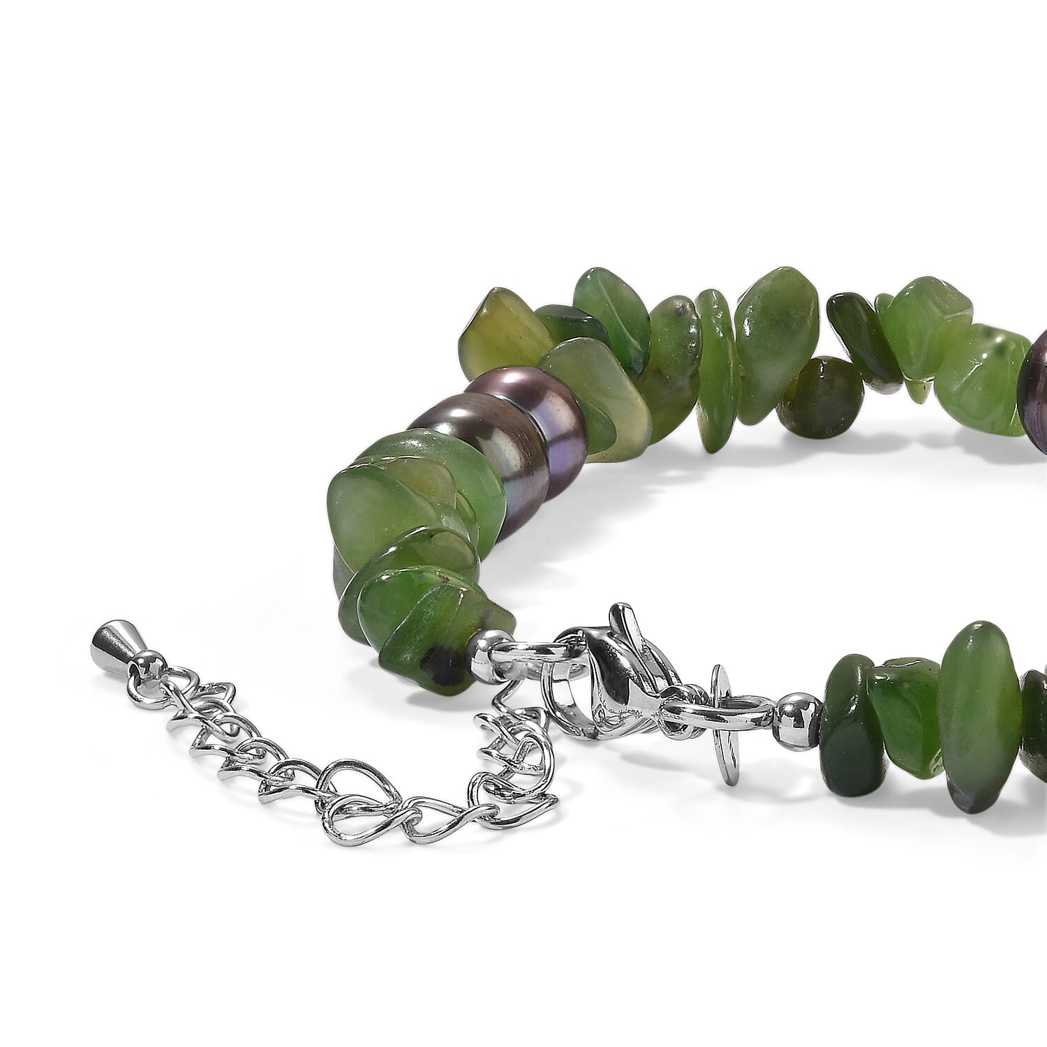EverTrue Peacock Pearl (D) and Nephrite 50.00 ctw Bracelet in Stainless Steel (7.25-9.25In)