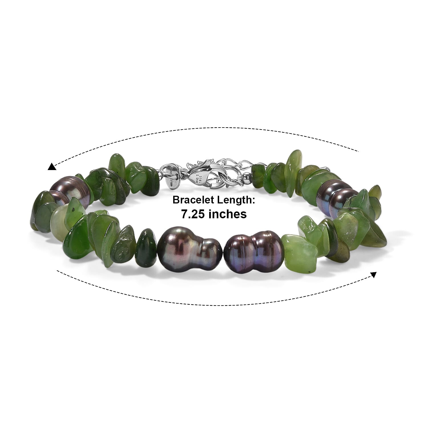 EverTrue Peacock Pearl (D) and Nephrite 50.00 ctw Bracelet in Stainless Steel (7.25-9.25In)