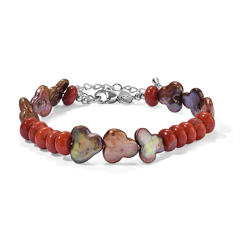 EverTrue Red Jasper 25.00 ctw and Peacock Pearl (D) Bracelet in Stainless Steel (7.25-9.25In)