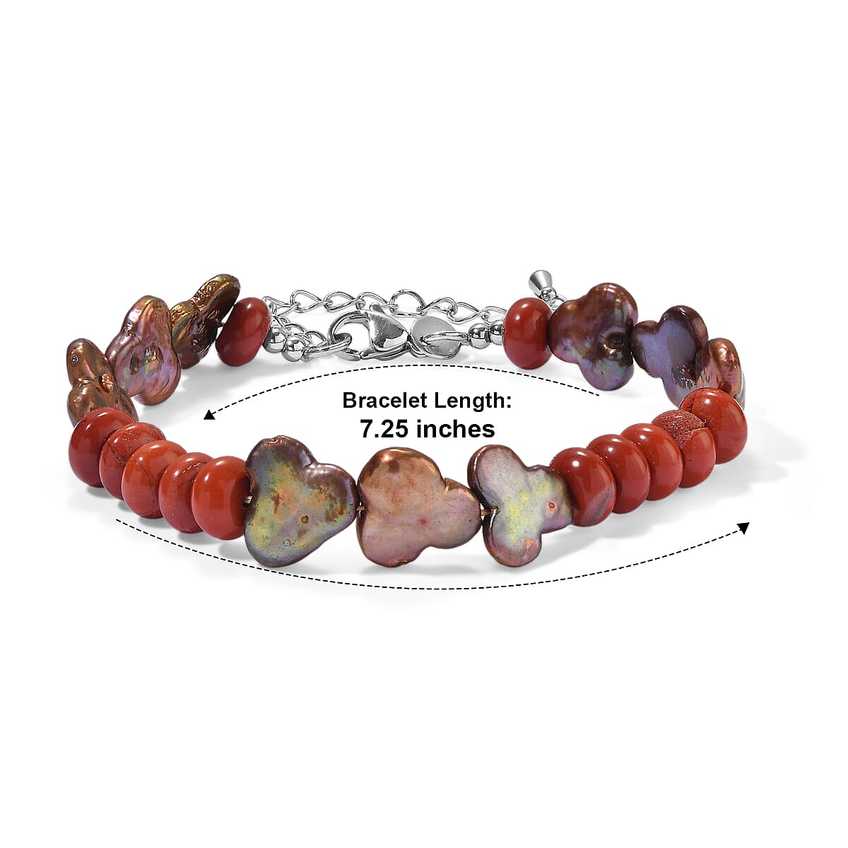 EverTrue Red Jasper 25.00 ctw and Peacock Pearl (D) Bracelet in Stainless Steel (7.25-9.25In) image number 2