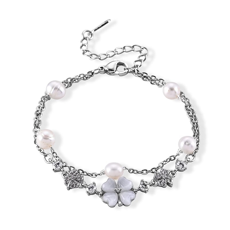 Freshwater Pearl and Simulated Diamond Bracelet in Silvertone (6.50-8.00In)