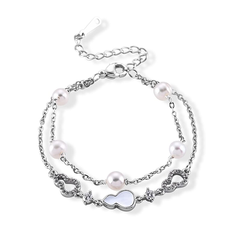 Freshwater Pearl and Simulated Diamond Bracelet in Silvertone (6.00-8.00In)