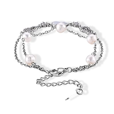Freshwater Pearl and Simulated Diamond Bracelet in Silvertone (6.00-8.00In)