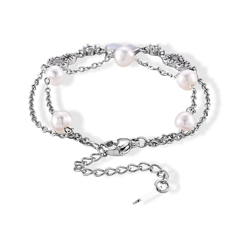 Freshwater Pearl and Simulated Diamond Bracelet in Silvertone (6.00-8.00In)