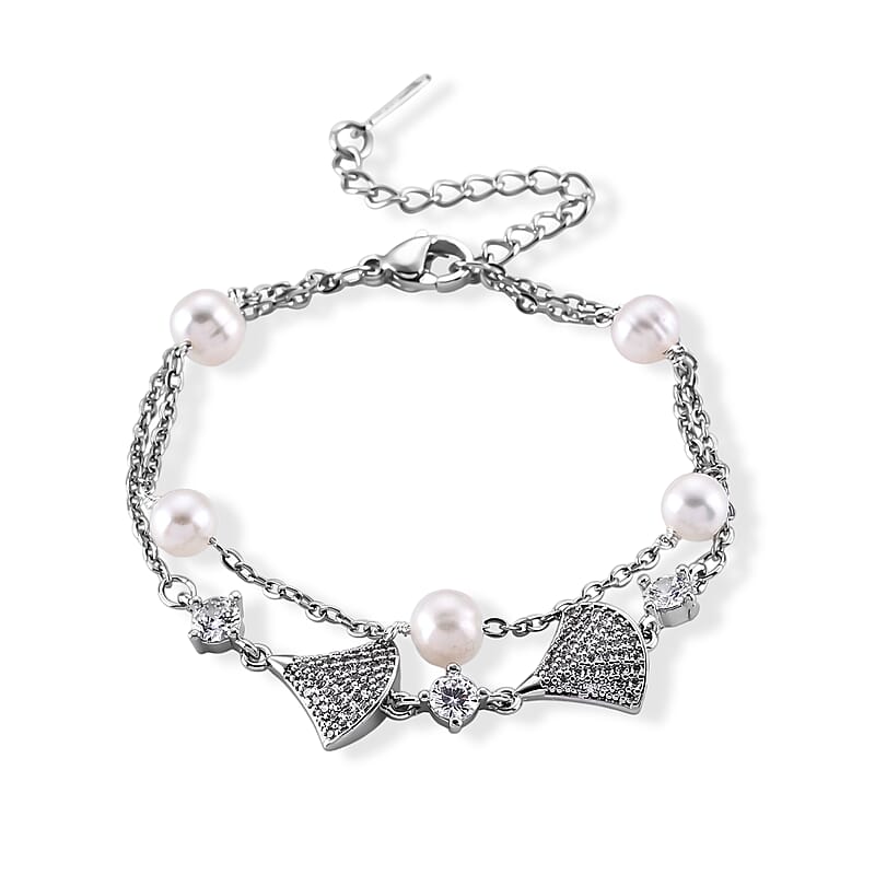 Freshwater Pearl and Simulated Diamond Bracelet in Silvertone (6.00-8.00In)