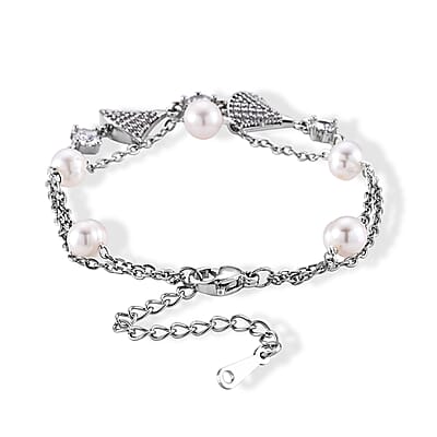 Freshwater Pearl and Simulated Diamond Bracelet in Silvertone (6.00-8.00In)