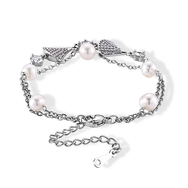 Freshwater Pearl and Simulated Diamond Bracelet in Silvertone (6.00-8.00In)