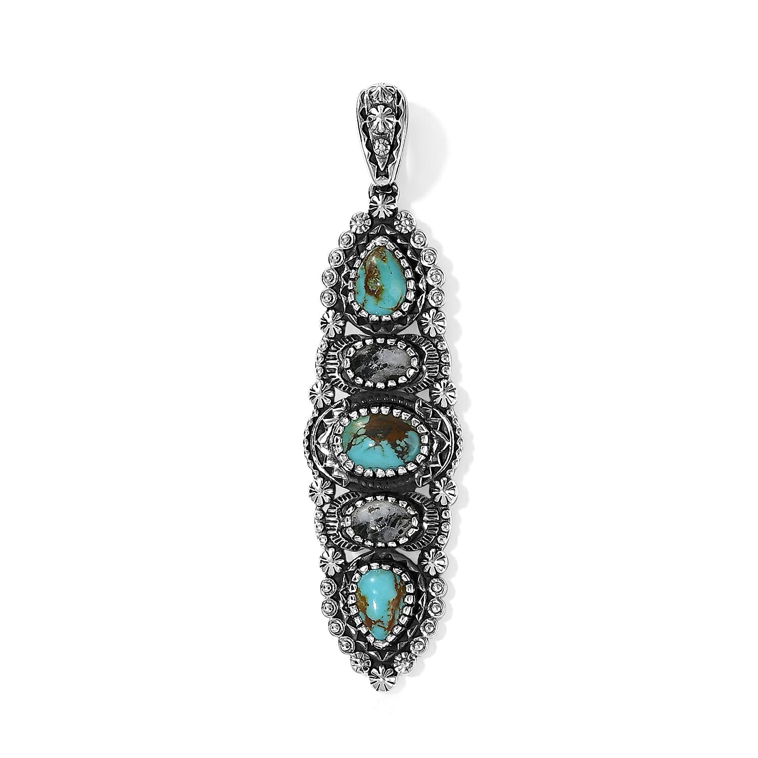 D'Joy Artisan Crafted Royston Turquoise and White Buffalo 3.60 ctw Pendant without Chain in Sterling Silver