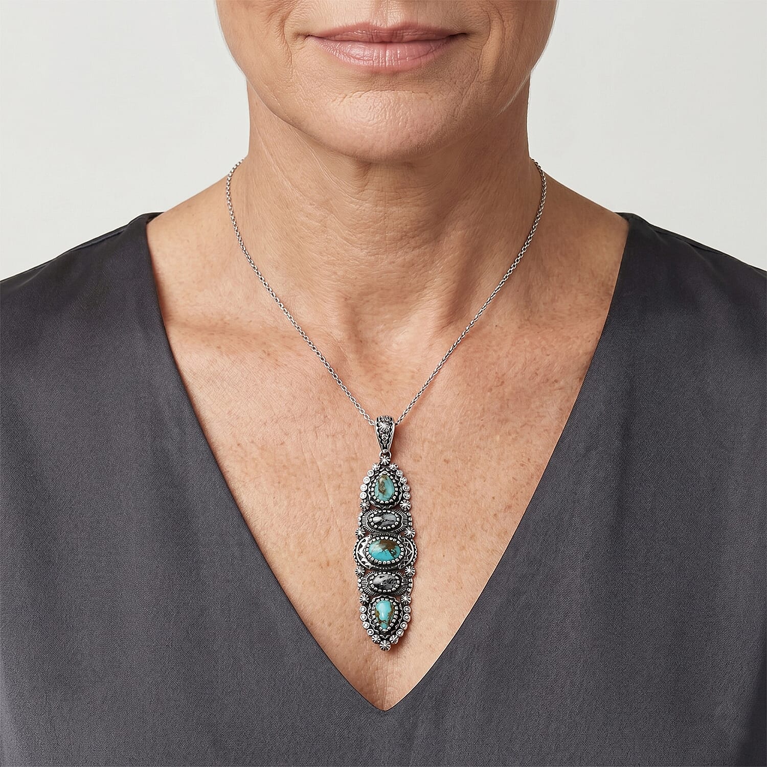 D'Joy Artisan Crafted Royston Turquoise and White Buffalo 3.60 ctw Pendant without Chain in Sterling Silver