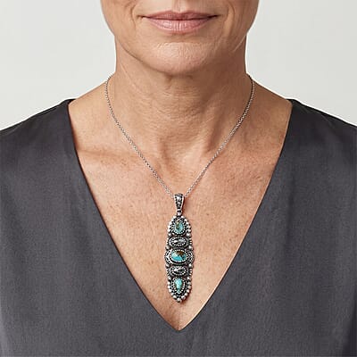 D'Joy Artisan Crafted Royston Turquoise and White Buffalo 3.60 ctw Pendant without Chain in Sterling Silver