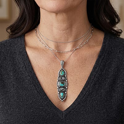 D'Joy Artisan Crafted Royston Turquoise and White Buffalo 3.60 ctw Pendant without Chain in Sterling Silver