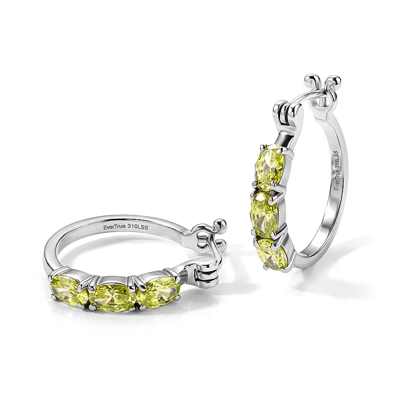 EverTrue Simulated Lime Diamond Hoop Earrings in Stainless Steel
