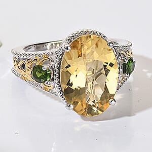 D'Joy Yellow Labradorite, Chrome Diopside Ring in 18K Vermeil YG and Rhodium Over Sterling Silver (Size 6.0) 5.60 ctw