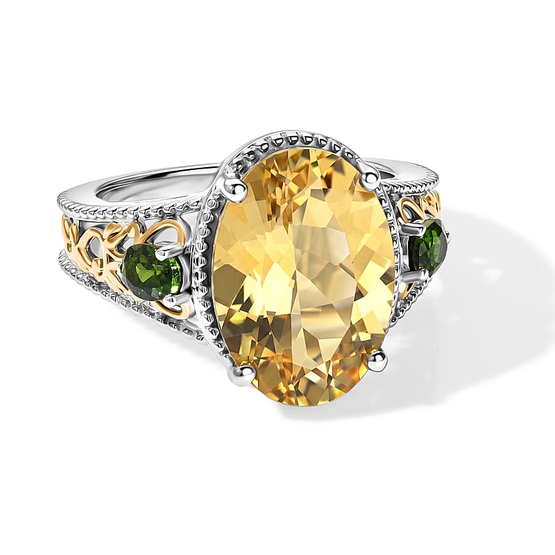 D'Joy Yellow Labradorite and Chrome Diopside 5.60 ctw Imperial Sunrise Ring in 18K Vermeil Yellow Gold and Rhodium Over Sterling Silver (Size 6.0)