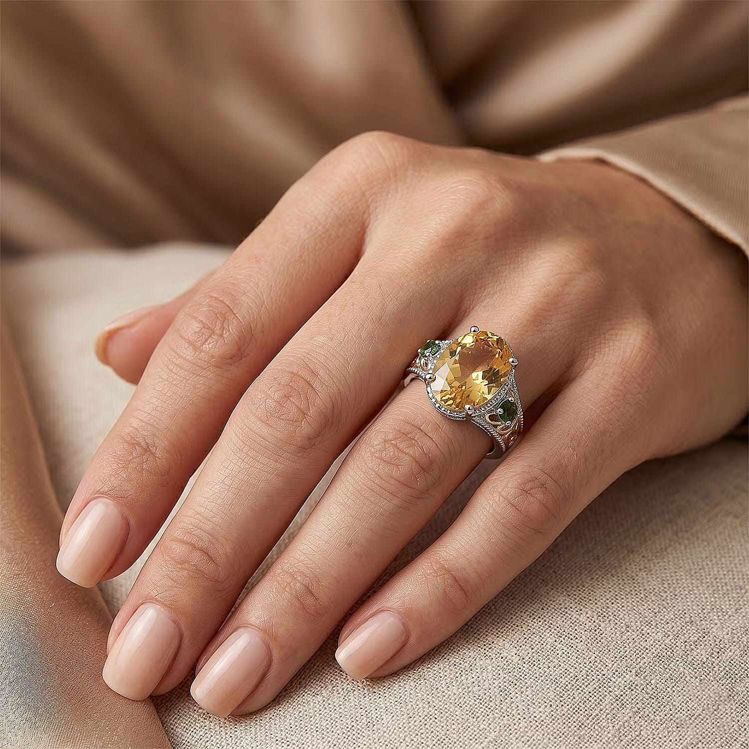 D'Joy Yellow Labradorite and Chrome Diopside 5.60 ctw Imperial Sunrise Ring in 18K Vermeil Yellow Gold and Rhodium Over Sterling Silver (Size 6.0)