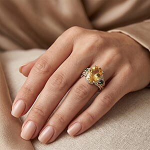 D'Joy Yellow Labradorite and Chrome Diopside 5.60 ctw Ring in 18K Vermeil Yellow Gold and Rhodium Over Sterling Silver (Size 6.0)