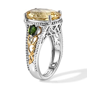 D'Joy Yellow Labradorite and Chrome Diopside 5.60 ctw Ring in 18K Vermeil Yellow Gold and Rhodium Over Sterling Silver (Size 6.0)