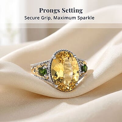 D'Joy Yellow Labradorite and Chrome Diopside 5.60 ctw Imperial Sunrise Ring in 18K Vermeil Yellow Gold and Rhodium Over Sterling Silver (Size 6.0)