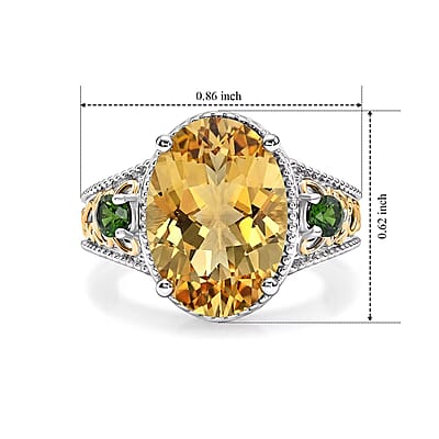 D'Joy Yellow Labradorite and Chrome Diopside 5.60 ctw Imperial Sunrise Ring in 18K Vermeil Yellow Gold and Rhodium Over Sterling Silver (Size 6.0)