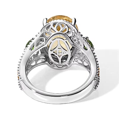 D'Joy Yellow Labradorite and Chrome Diopside 5.60 ctw Imperial Sunrise Ring in 18K Vermeil Yellow Gold and Rhodium Over Sterling Silver (Size 6.0)