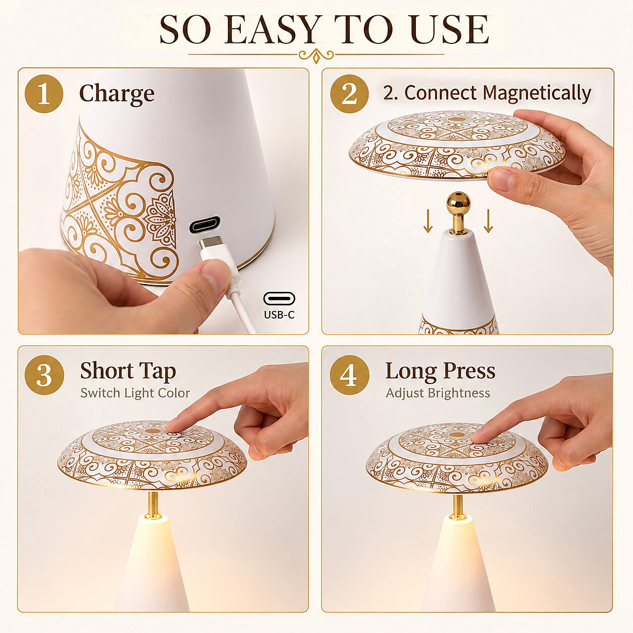 Livmore White and Gold Magnetic Table Lamp (3 Color Change When Touch Top and Long Press on The Top)