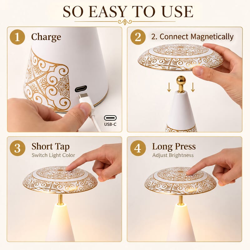 Livmore White and Gold Magnetic Table Lamp (3 Color Change When Touch Top and Long Press on The Top)