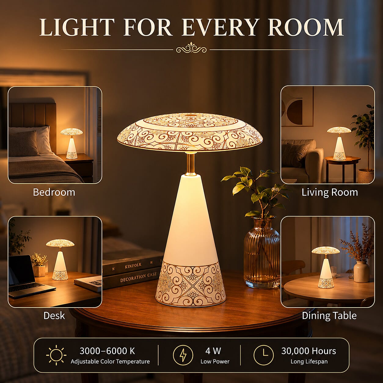 Livmore White and Gold Magnetic Table Lamp (3 Color Change When Touch Top and Long Press on The Top)