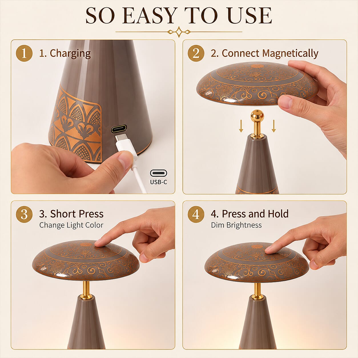 Livmore Brown and Gold Magnetic Table Lamp (3 Color Change When Touch Top and Long Press on The Top)