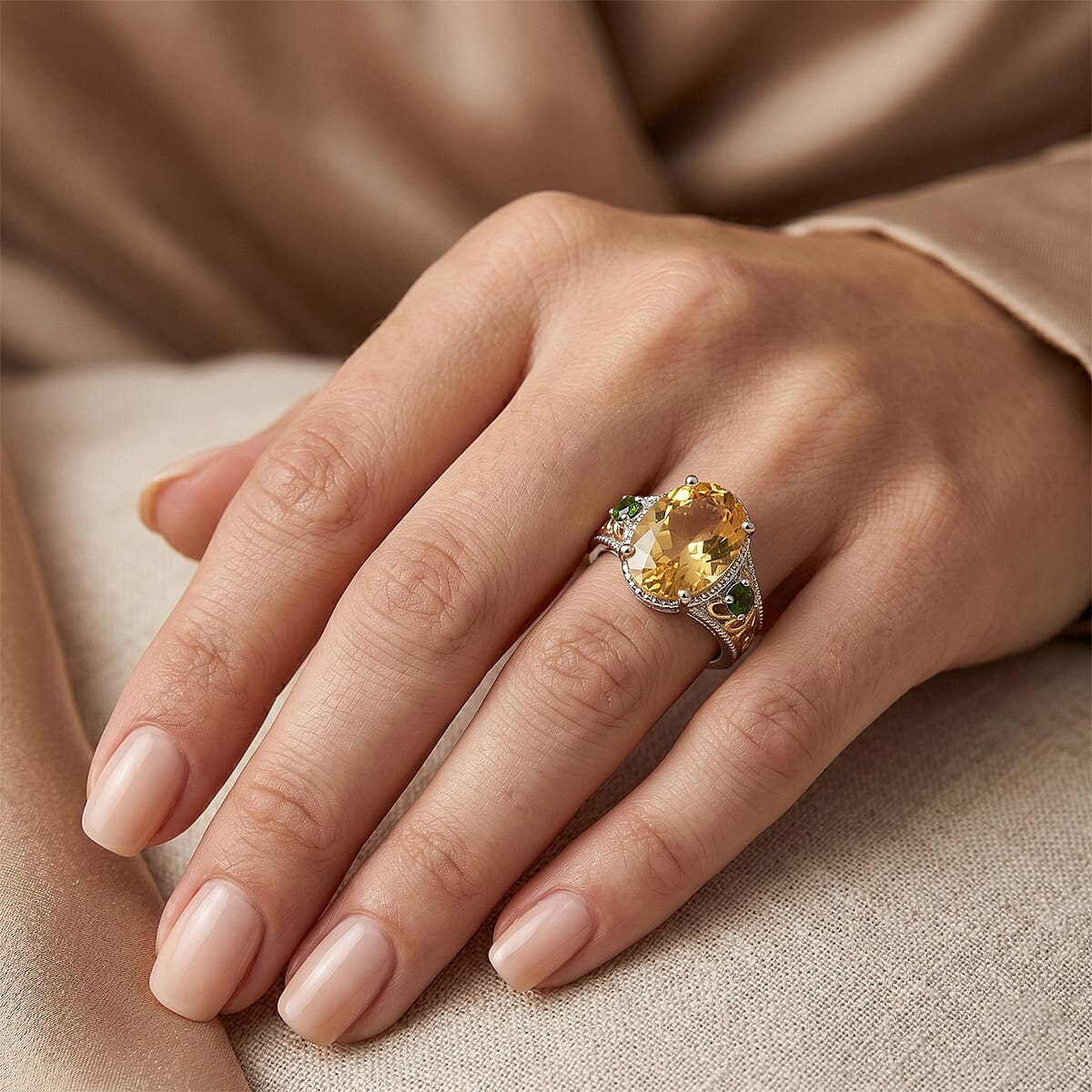 D'Joy Yellow Labradorite and Chrome Diopside 5.60 ctw Ring in 18K Vermeil Yellow Gold and Rhodium Over Sterling Silver (Size 9.0) image number 1