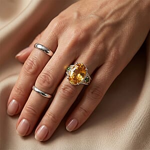 D'Joy Yellow Labradorite and Chrome Diopside 5.60 ctw Ring in 18K Vermeil Yellow Gold and Rhodium Over Sterling Silver (Size 9.0)
