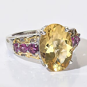 D'Joy Yellow Labradorite and Radiant Ember Garnet 6.00 ctw Ring in 18K Vermeil Yellow Gold and Rhodium Over Sterling Silver (Size 7.0)