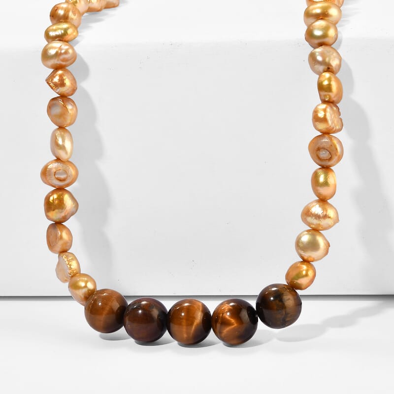 EverTrue Yellow Pearl (D) and Tiger's Eye 45.00 ctw Necklace in Stainless Steel 18-19 Inches