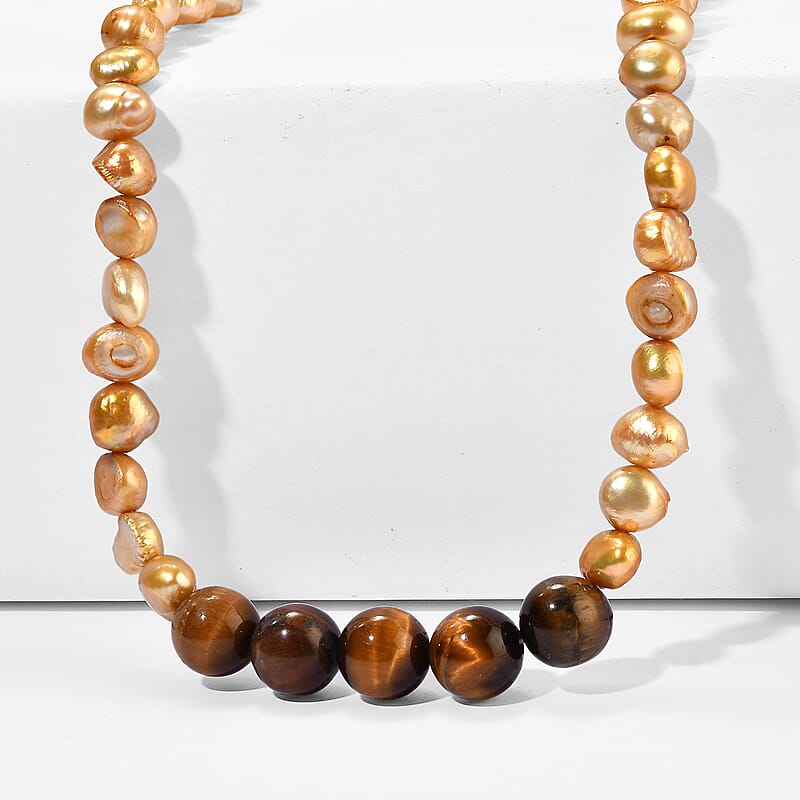 EverTrue Yellow Pearl (D) and Tiger's Eye 45.00 ctw Necklace in Stainless Steel 18-19 Inches