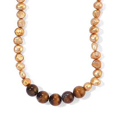 EverTrue Yellow Pearl (D) and Tiger's Eye 45.00 ctw Necklace in Stainless Steel 18-19 Inches