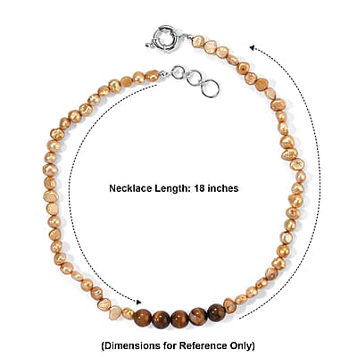 EverTrue Yellow Pearl (D) and Tiger's Eye 45.00 ctw Necklace in Stainless Steel 18-19 Inches