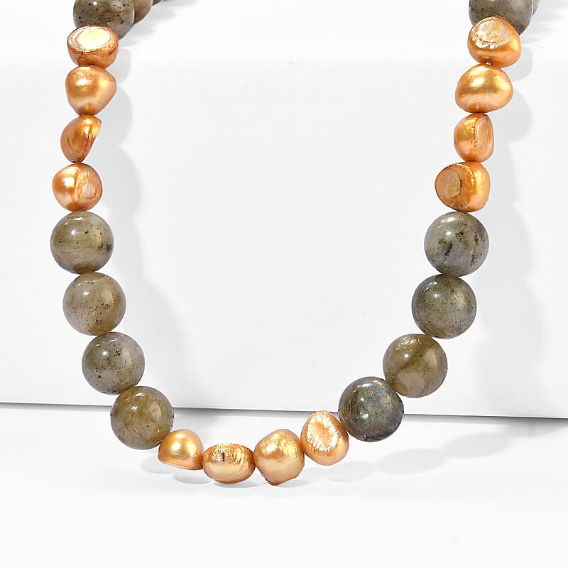 EverTrue Yellow Pearl (D) and Malagasy Labradorite 180.00 ctw Necklace in Stainless Steel 18-20 Inches