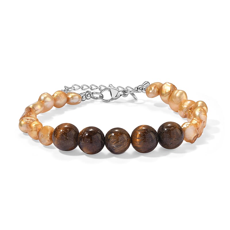 EverTrue Yellow Pearl (D) and Tiger's Eye 30.00 ctw Bracelet in Stainless Steel (7.25-9.25In)