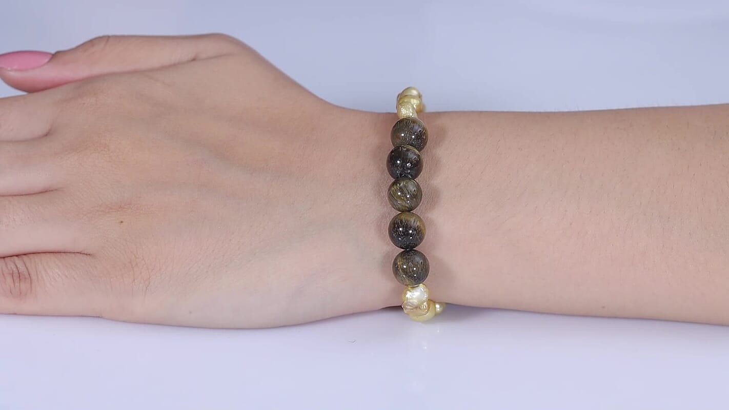 EverTrue Yellow Pearl (D) and Tiger's Eye 30.00 ctw Bracelet in Stainless Steel (7.25-9.25In)